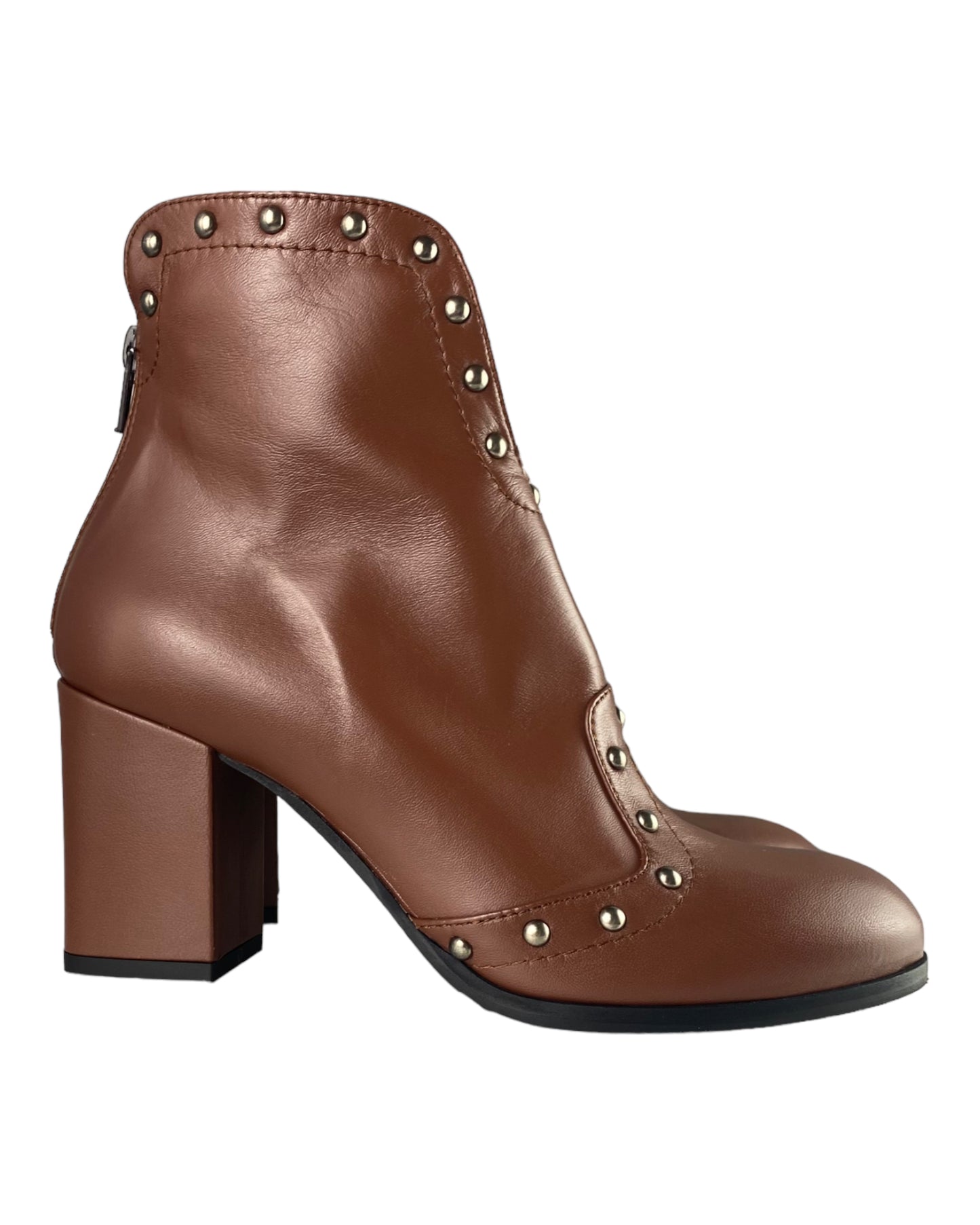 Stivaletto Vera Pelle Cuoio con tacco colonna 7 centimetri&borchie