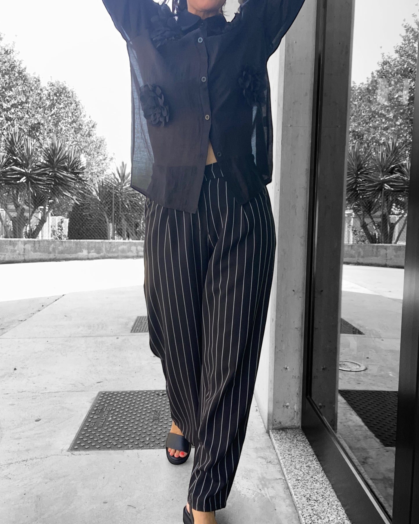 Pantalone A Righe Gessato Nero