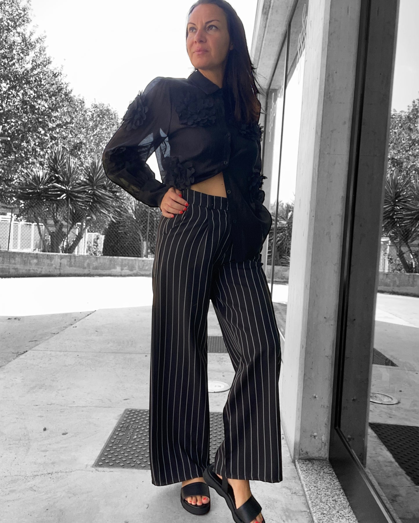 Pantalone A Righe Gessato Nero