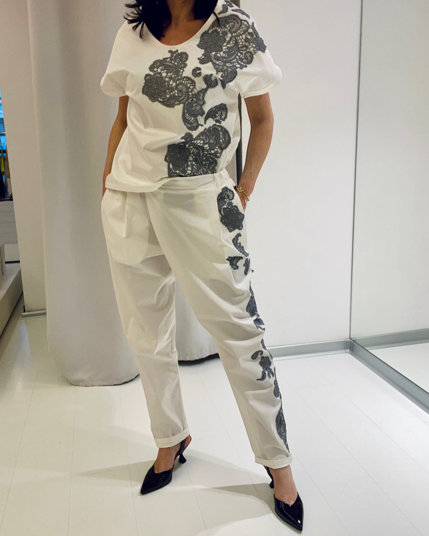 Pantalone PRIME Bianco Grigio Ricamo