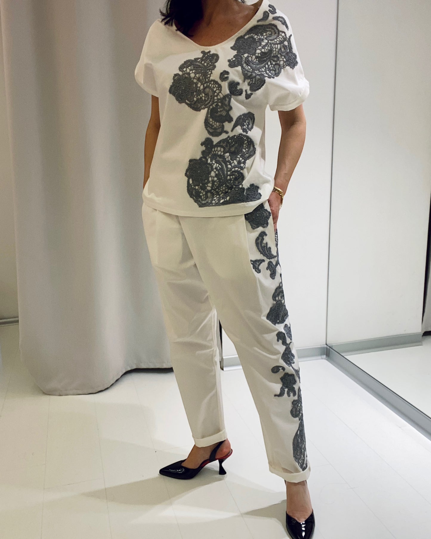 Pantalone PRIME Bianco Grigio Ricamo