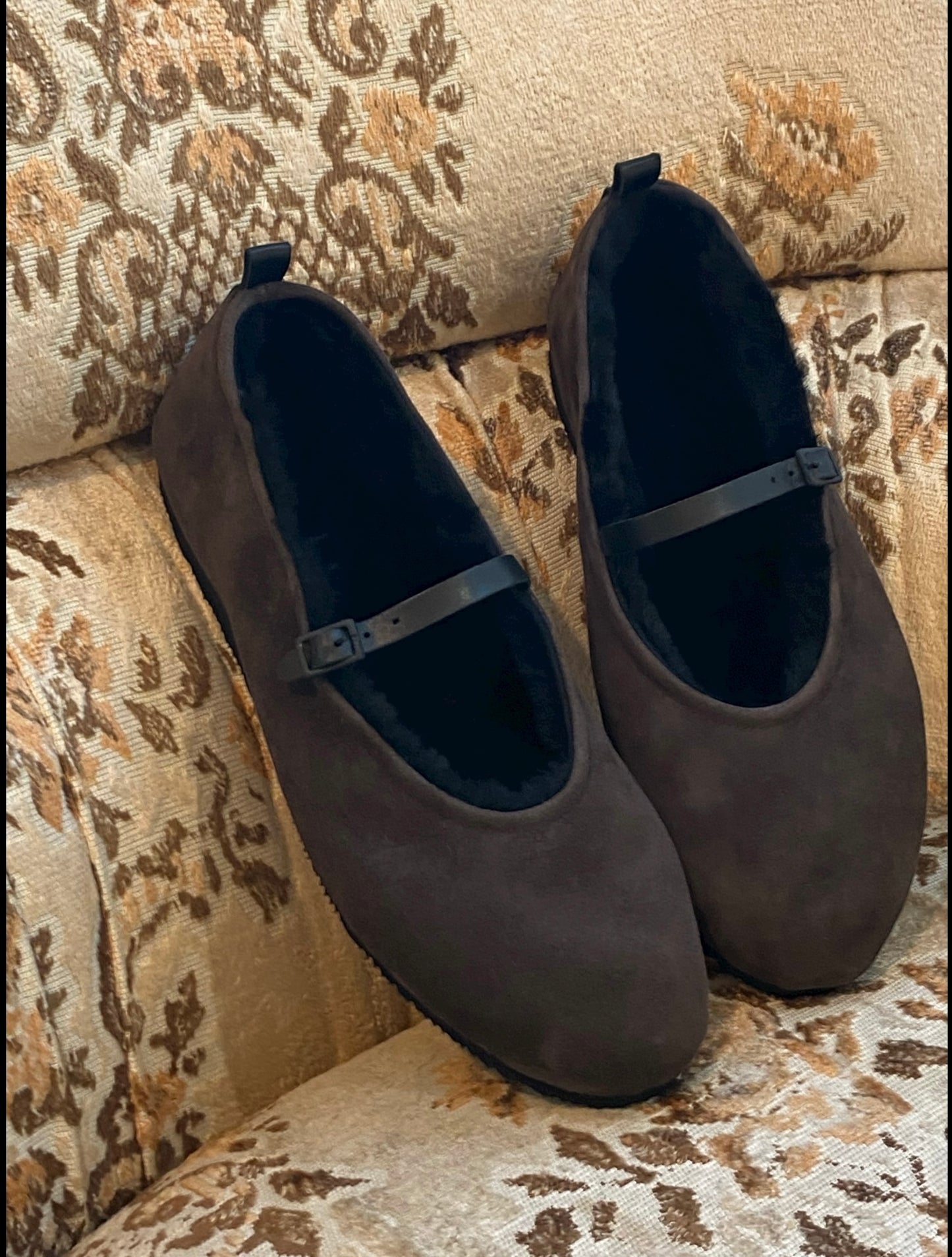 Décolleté ballerina sacchetto Mary jane pelliccia montone marrone