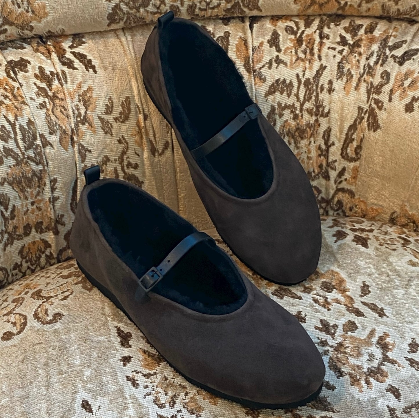 Décolleté ballerina sacchetto Mary jane pelliccia montone marrone