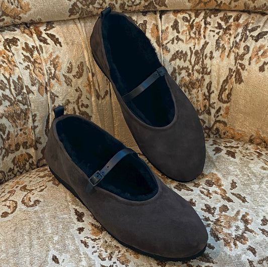 Décolleté ballerina sacchetto Mary jane pelliccia montone marrone