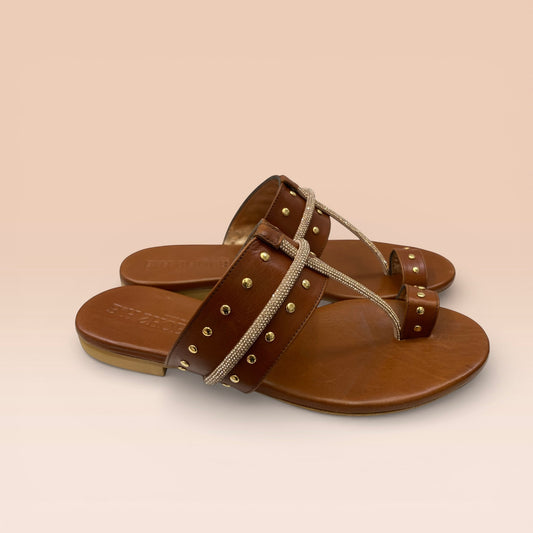 Sandalo pelle con infradito colore cuoio scuro