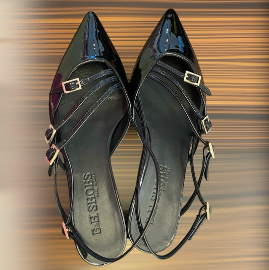 Sandalo Slingback di Pelle Vernice Nera, h.1cm.