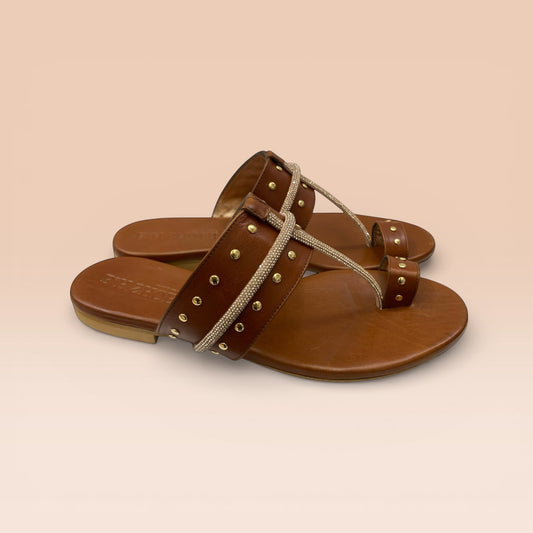 Sandalo pelle con infradito colore cuoio scuro