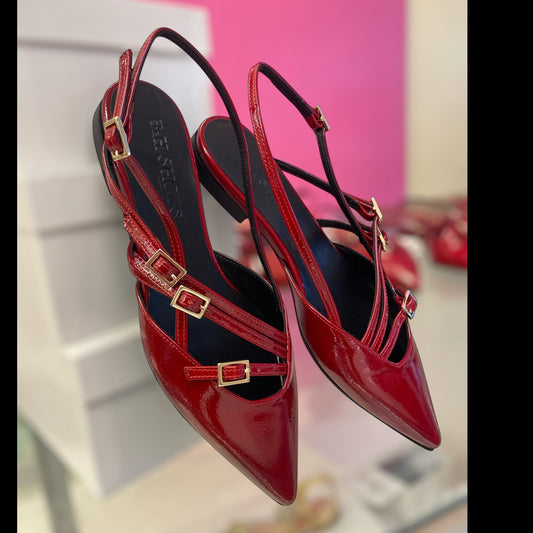 Sandalo Slingback di Pelle Vernice Rossa, h.1cm.