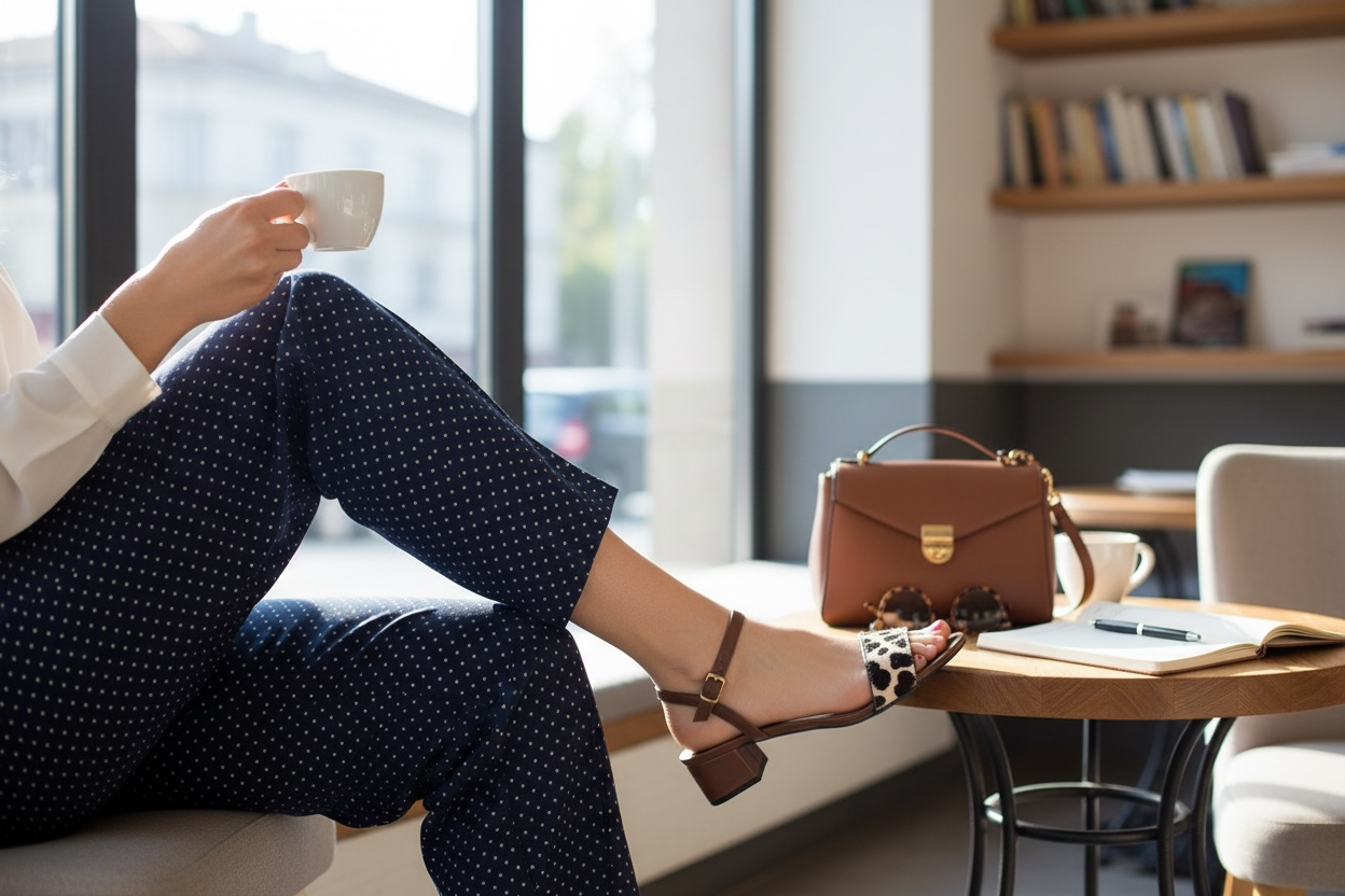 Sandalo pelle cioccolato con tacco basso e cavallino maculato