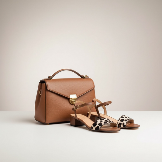 Sandalo pelle cioccolato con tacco basso e cavallino maculato