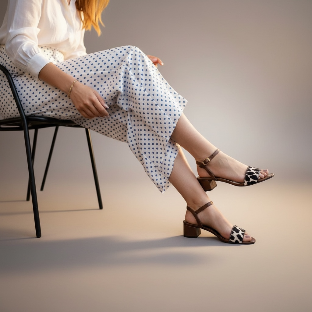 Sandalo pelle cioccolato con tacco basso e cavallino maculato